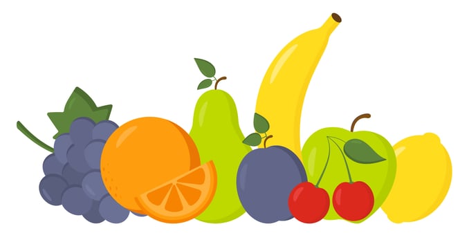 Set of cute fresh fruits. Vegetarian food. Proper nutrition. Banana, cherry, grape, apple, pear, lemon, orange. Healthy lifestyle illustration for print, web. Trendy summer fruits collection. vector