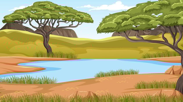 Savanna forest landscape with lake vector