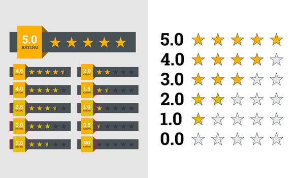 Stars Rating Banners. Feedback or Rank, level of satisfaction rating. Five stars customer product rating review. 5-star rating icon. Vector illustration