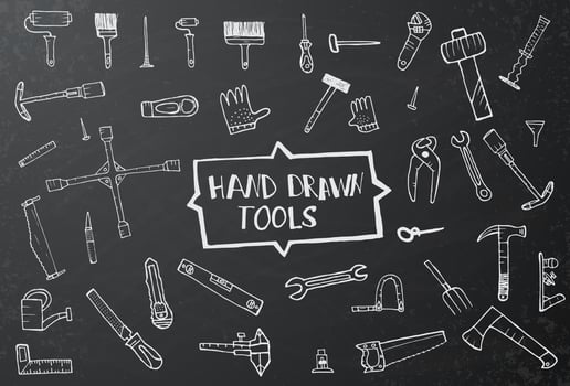 Hand drawn tool icons set on black chalk board. vector