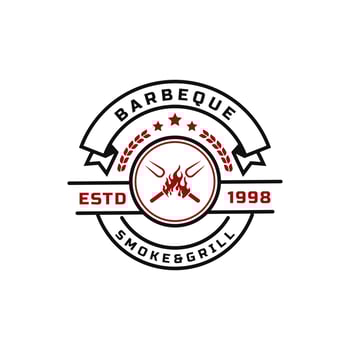 Vintage Retro Badge for Grill Barbeque Barbecue BBQ with Crossed Fork and Fire Flame Logo Emblem Design Symbol vector