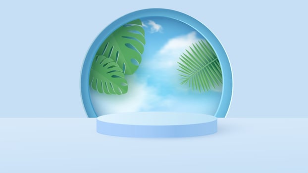 A minimal scene with a light blue cylindrical podium with tropical leaves against the sky. Scene for the demonstration of a cosmetic product, showcase. Vector illustration