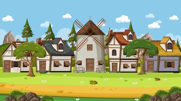 Medieval town scene with villagers vector