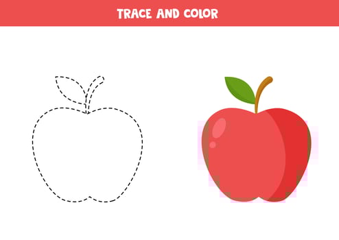 Trace and color cute red apple. Worksheet for children. vector