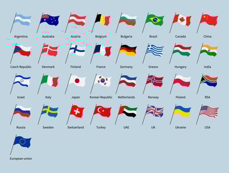Waving flags of countries set. World flags of some different states of Europe, Asia, America, Australia and Africa. Isolated symbols of European Union, USA, Russia and other. Vector flat illustration
