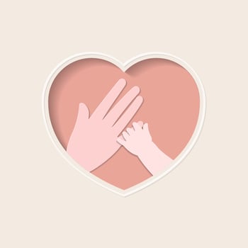 Hand of baby holding mother finger in heart shaped paper art vector