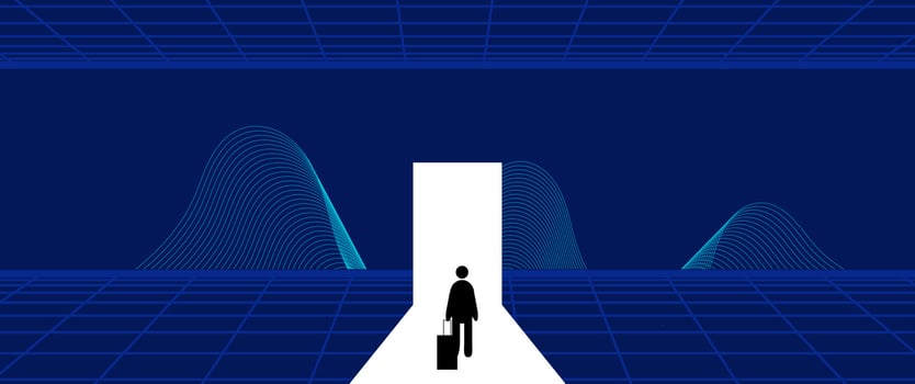 Businessman Start and Steps into Future Door. Moving Forward to New Technology, Blockchain and the Next Layer of the Internet Concepts. Futuristic Tone vector