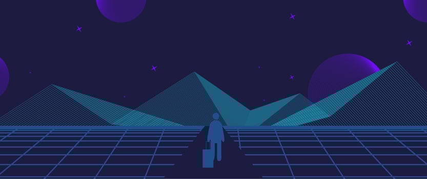 Businessman Start and Steps into Future Door. Moving Forward to New Technology, Blockchain and the Next Layer of the Internet Concepts. Futuristic Tone vector