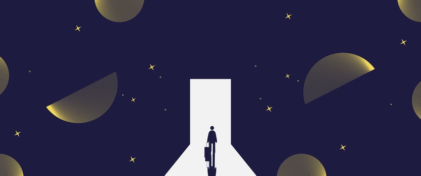Businessman Start and Steps into Future Door. Moving Forward to New Technology, Blockchain and the Next Layer of the Internet Concepts. Futuristic Tone vector