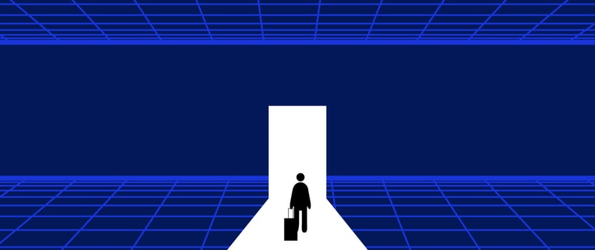 Businessman Start and Steps into Future Door. Moving Forward to New Technology, Blockchain and the Next Layer of the Internet Concepts. Futuristic Tone vector