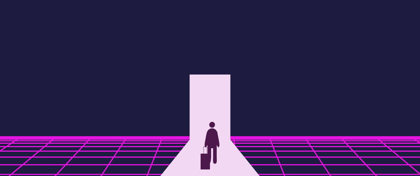 Businessman Start and Steps into Future Door. Moving Forward to New Technology, Blockchain and the Next Layer of the Internet Concepts. Futuristic Tone vector