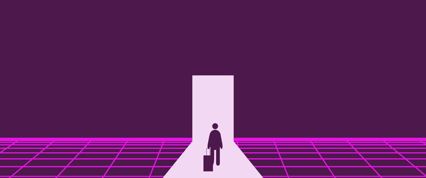 Businessman Start and Steps into Future Door. Moving Forward to New Technology, Blockchain and the Next Layer of the Internet Concepts. Futuristic Tone vector