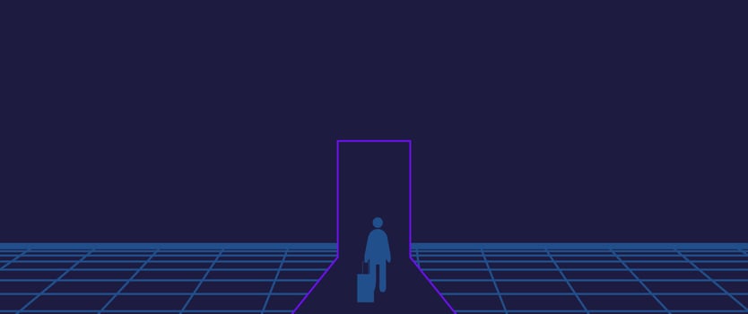 Businessman Start and Steps into Future Door. Moving Forward to New Technology, Blockchain and the Next Layer of the Internet Concepts. Futuristic Tone vector