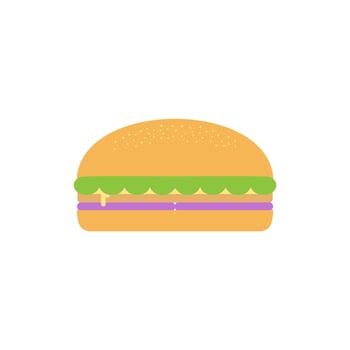 Burger with salad, tomatoes, cheese and cutlet. Fast food. Vector illustration. Fast food hamburger dinner and restaurant, tasty unhealthy fast food classic nutrition in flat style.