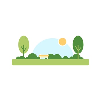 Landscape in city park. City summer park with green trees bench, walkway and lantern. Town and city park landscape nature. vector