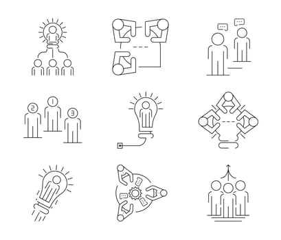 Teamwork Related Vector Line Icons Simple Set of 9. Includes Icons such as Collaboration, Research, Meeting, leadership, communication and more. Editable Stroke. Modern line art icon set.