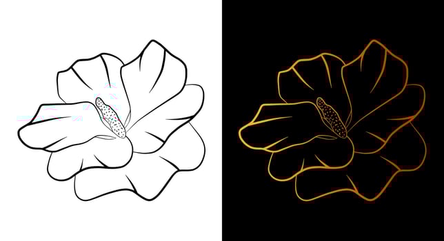 Flower outline icon, simple doodle sketch line art style, black and gold floral botany set. Beauty elegant logo design element. Graphic isolated symbol drawing. Flat shape, wedding tattoo print card. vector