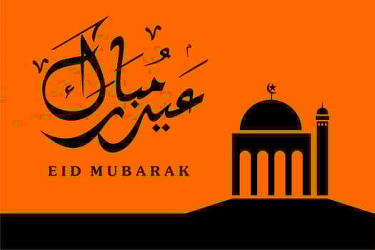 Eid Mubarak Icon.eid Mubarak icon with orange background and mosque icon vector