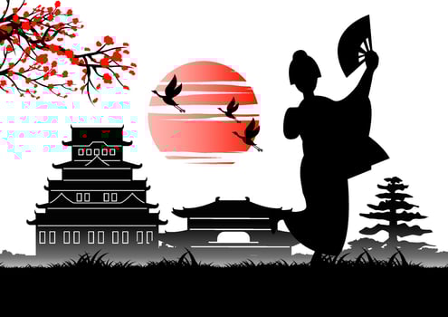Japanese art with ancient design of girl in kimono dress stand near emperor castle vector