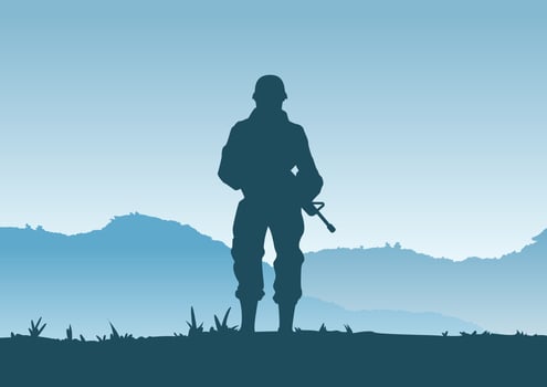 Background of war in situation of soldier standing and hold gun to defend army base vector
