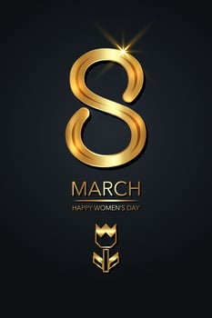 Eight of gold, 8 march luxury postcard. Shiny golden lettering. Digit eight made of gold foil on black background. Glowing International womens day banner or poster or card vector