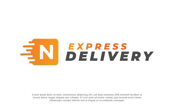 Creative Initial Letter N Logo. Orange Shape N Letter with Fast Shipping Delivery Truck Icon. Usable for Business and Branding Logos. Flat Vector Logo Design Ideas Template Element