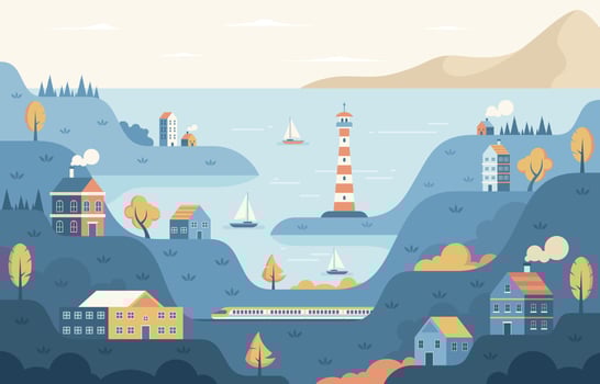 Ukiyo-e Village Coast Scenery Flat Design vector