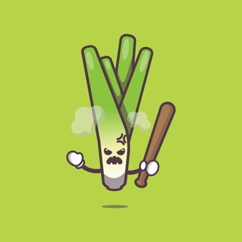 cute angry leek cartoon mascot character holding baseball stick vector