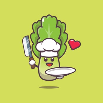 cute lettuce with chef hat holding knife and plate. vector