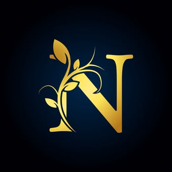 Elegant N Luxury Logo. Golden Floral Alphabet Logo with Flowers Leaves. Perfect for Fashion, Jewelry, Beauty Salon, Cosmetics, Spa, Boutique, Wedding, Letter Stamp, Hotel and Restaurant Logo. vector