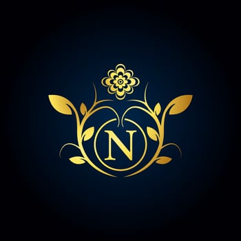 Elegant N Luxury Logo. Golden Floral Alphabet Logo with Flowers Leaves. Perfect for Fashion, Jewelry, Beauty Salon, Cosmetics, Spa, Boutique, Wedding, Letter Stamp, Hotel and Restaurant Logo. vector