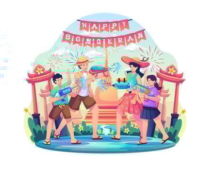 Family having fun playing water gun to celebrate Thailand Traditional New Year's Day. Happy Songkran Festival Day. Flat style vector illustration