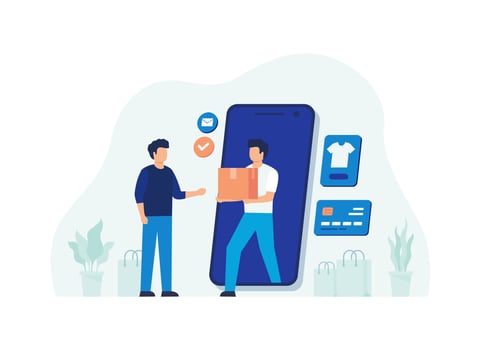 Flat design concept of e-commerce, online shopping, online delivery. Vector illustration for website banner, marketing material, business presentation, online advertising.