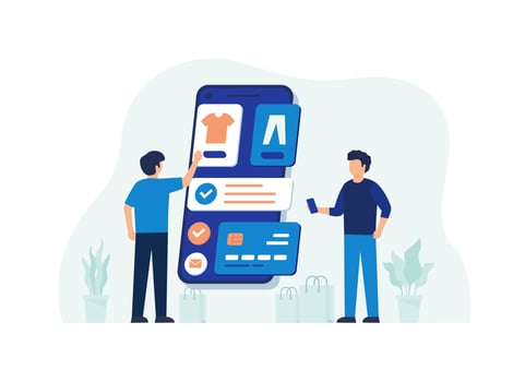 Flat design concept of e-commerce, online shopping. Vector illustration for website banner, marketing material, business presentation, online advertising.