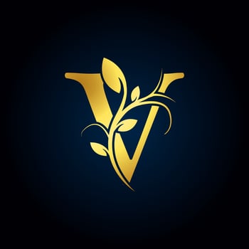 Elegant V Luxury Logo. Golden Floral Alphabet Logo with Flowers Leaves. Perfect for Fashion, Jewelry, Beauty Salon, Cosmetics, Spa, Boutique, Wedding, Letter Stamp, Hotel and Restaurant Logo. vector