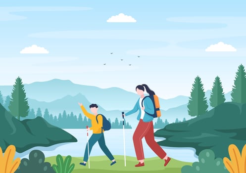 Adventure Tour on the Theme of Climbing, Trekking, Hiking, Walking or Vacation with Forest and Mountain Views in Flat Nature Background Poster Illustration vector