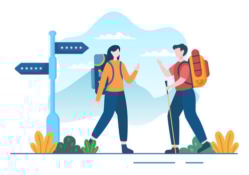 Adventure Tour on the Theme of Climbing, Trekking, Hiking, Walking or Vacation with Forest and Mountain Views in Flat Nature Background Poster Illustration vector