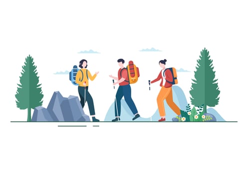 Adventure Tour on the Theme of Climbing, Trekking, Hiking, Walking or Vacation with Forest and Mountain Views in Flat Nature Background Poster Illustration vector
