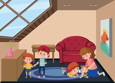Garret room scene with a woman and her children vector