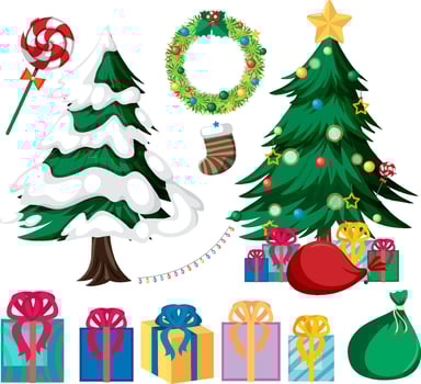 Christmas set with tree and decorations vector