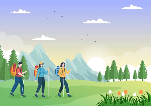 Adventure Tour on the Theme of Climbing, Trekking, Hiking, Walking or Vacation with Forest and Mountain Views in Flat Nature Background Poster Illustration vector