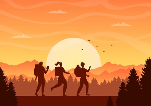 Adventure Tour on the Theme of Climbing, Trekking, Hiking, Walking or Vacation with Forest and Mountain Views in Flat Nature Background Poster Illustration vector