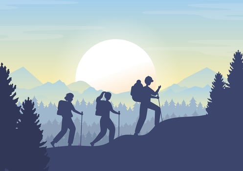 Adventure Tour on the Theme of Climbing, Trekking, Hiking, Walking or Vacation with Forest and Mountain Views in Flat Nature Background Poster Illustration vector