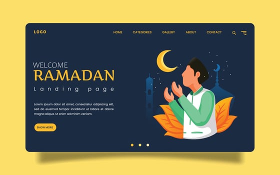 Landing Page - Ramadan Mubarak -Man Praying to god at night During Ramadan. vector