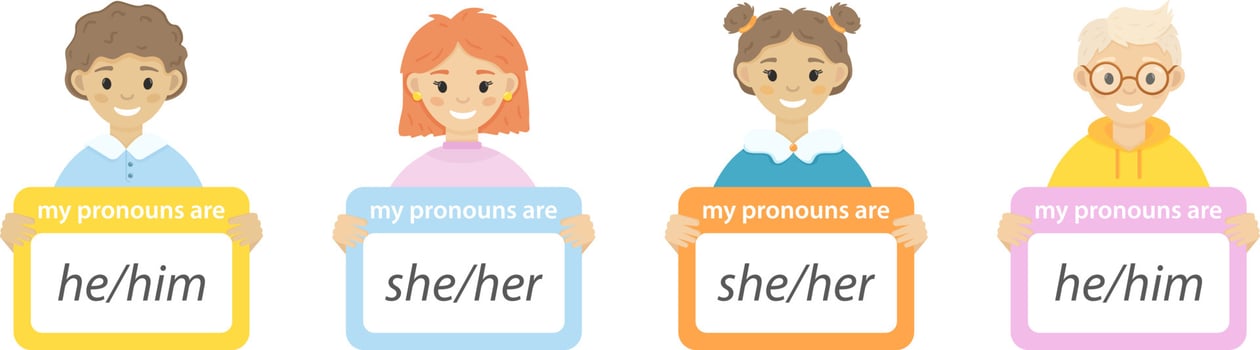 Kids holding signs with different pronouns. English subject pronouns. Set with cute smiling girls and boys on white background. vector