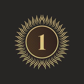Emblem Number 1 Gold Monogram Design. Luxury Volumetric Logo Template. 3D Line Ornament for Business Sign, Badge, Crest, Label, Boutique Brand, Hotel, Restaurant, Heraldic. Vector Illustration