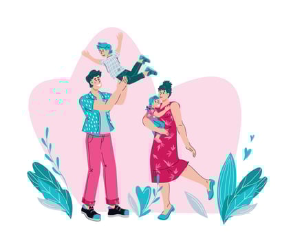 Happy young family with children together at decorative backdrop of plants and leaves. Characters of mother, father and their kids, cartoon vector illustration isolated on white background.