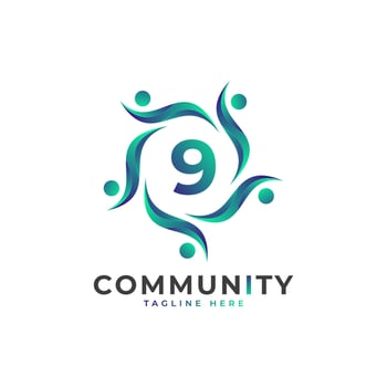 Community Number 9 Connecting People Logo. Colorful Geometric Shape. Flat Vector Logo Design Template Element.