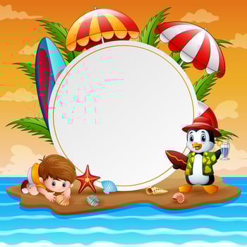 Summer holidays with boy and penguin on island vector