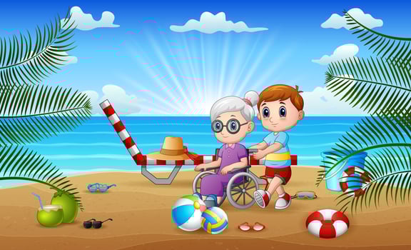 Happy boy with his grandmother on the beach vector